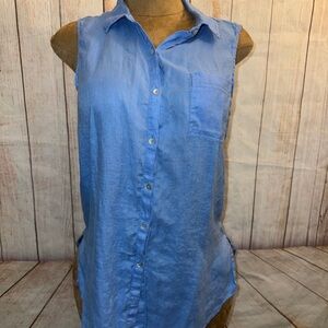 Sigrid Olsen Sleeveless Button-Front Linen Blouse- Blue- L